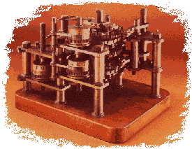 A specimen piece of Difference Engine No. 1, assembled by Babbage's son Henry in 1879; Brass and iron on a mahognany base.